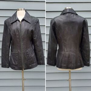 Vintage 90s y2k Wilson's Black Leather Mid Length Racing Racer Coat Jacket Md